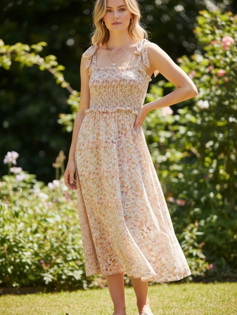 NWT MVN The Label Tie Shoulder Sleeveless Ruffled Floral Smocked Dress sz 10